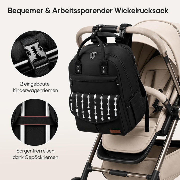 RAINSMORE Wickelrucksack Gross Baby Wickeltasche mit Wickelunterlage Schwarz | Wasserdichte Wickelta