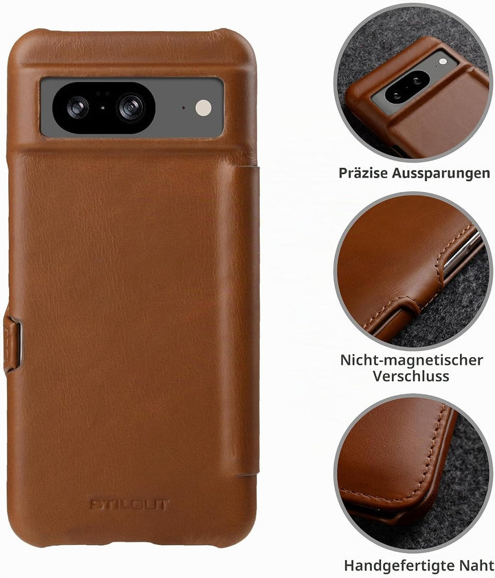 STILGUT Book Case kompatibel mit Google Pixel 8 Hülle aus Leder mit Clip-Verschluss, Lederhülle, Kla