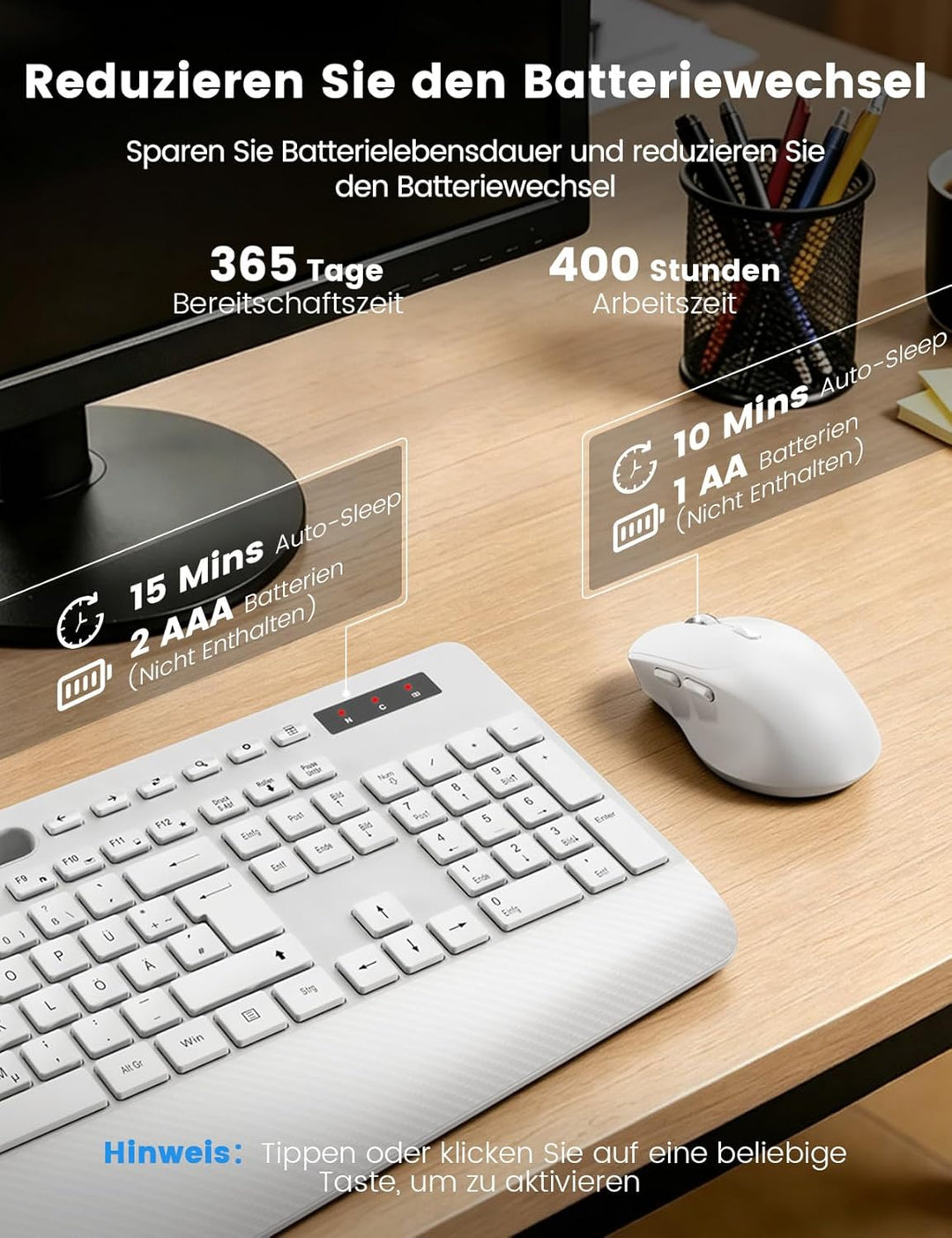 Tastatur Maus Set Kabellos, Ergonomische Tastatur in Voller Grösse mit Handgelenkauflage, Telefonhal