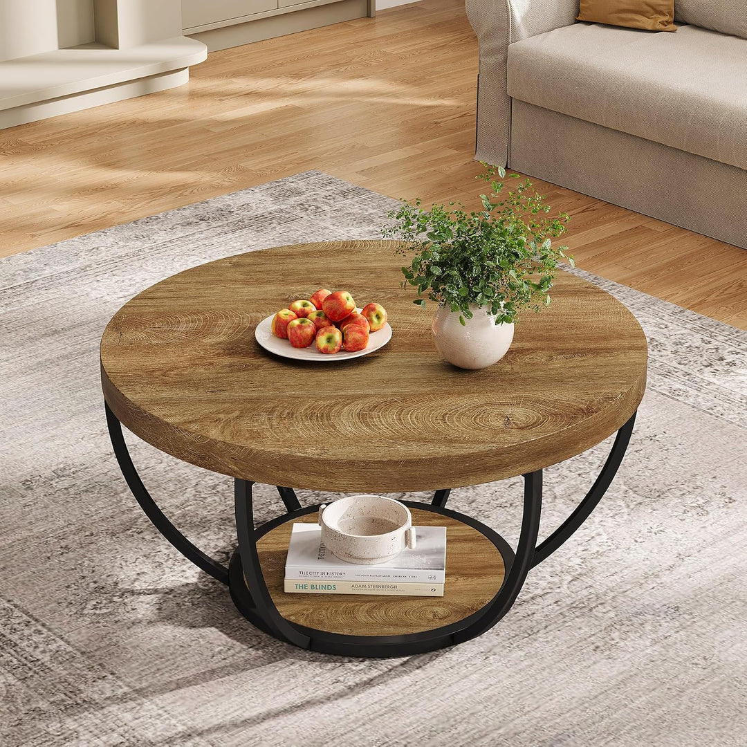 Tribesigns Runde Couchtisch, Industrial 2-Tier-Kreis Couchtisch mit Lagerung Regale, Moderne hölzern