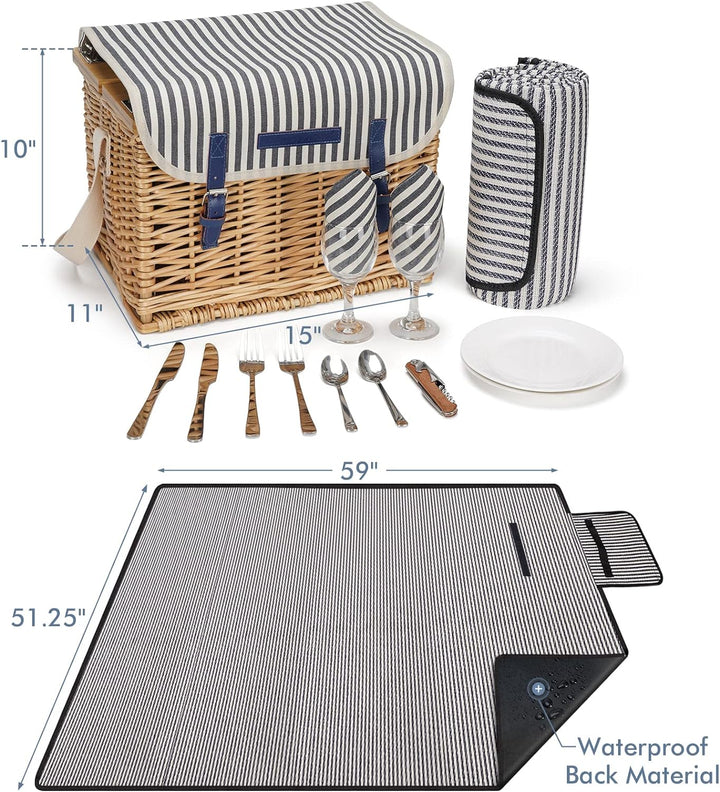 Weidenkorb Picknickkorb für 2 Personen Picknickset, Weidenkorb Service Geschenkset mit Bambus Weinti