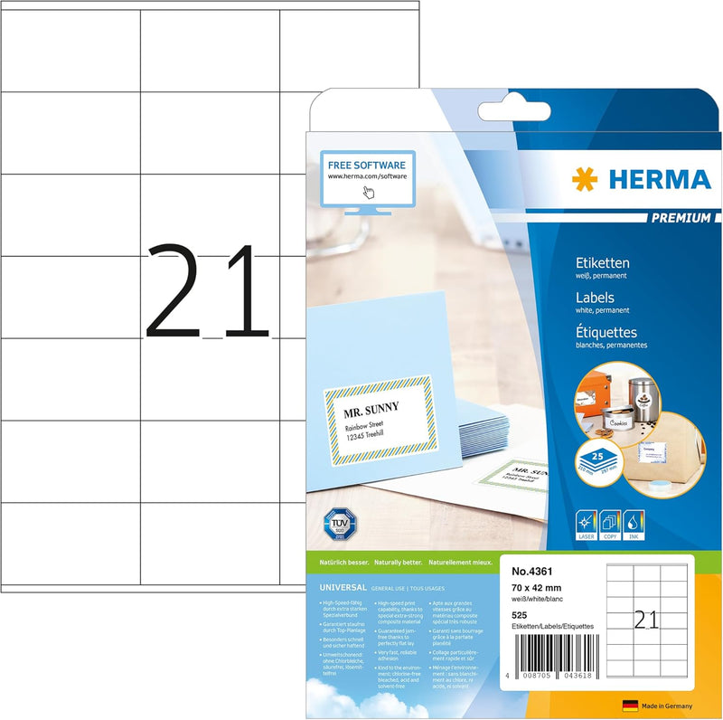 HERMA 4361 Adressetiketten, 800 Blatt, 70 x 42 mm, 21 pro A4 Bogen, 16800 Stück, selbstklebend, bedr