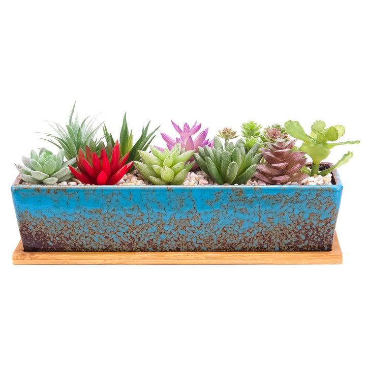 Sukkulenten-Blumentöpfe, 30 cm lang, rechteckig, Sukkulenten-Blumentöpfe mit Drainage, Bambusschalen