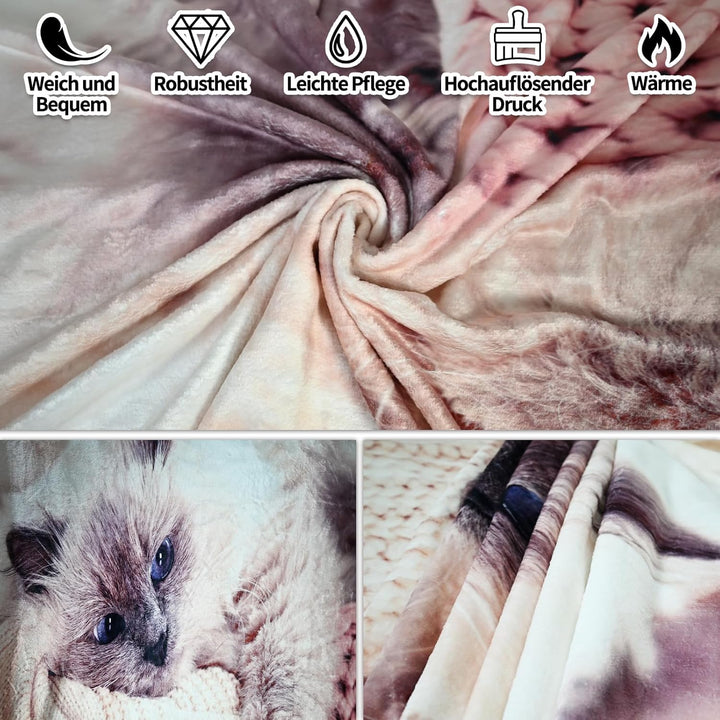 Kuscheldecke Mit Katzenmotiv 130x150cm, Sofa Decke Mit Tiermotiv, Weiche Warme Fleecedecke für Erwac