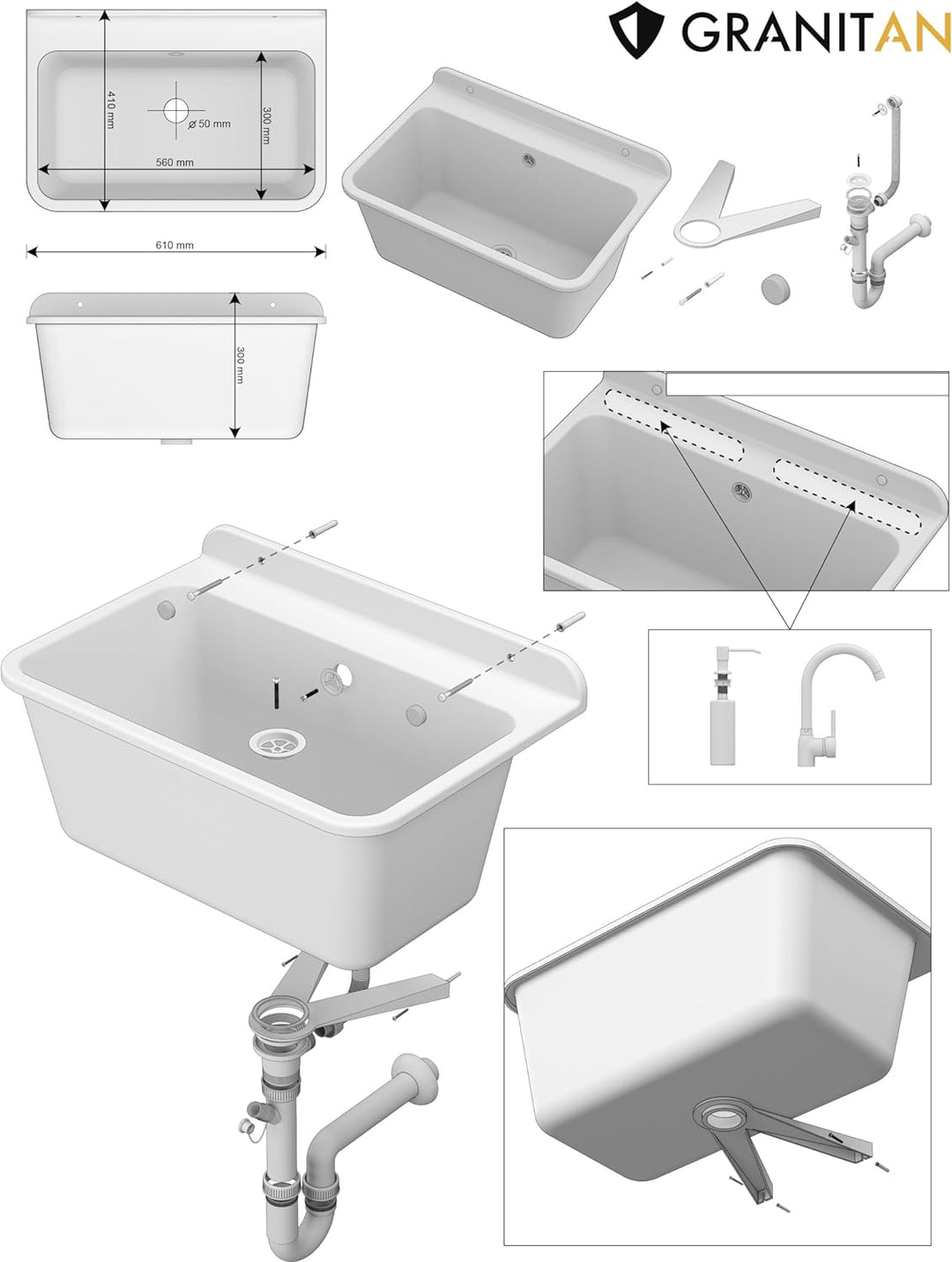 Granitan Ausgussbecken für Garage Keller Werkstatt und Waschküche - Universal Waschtrog mit Siphon -