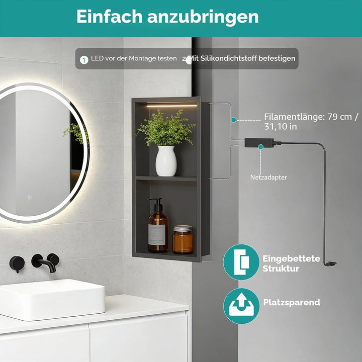 Zyncove Wandnische Dusche mit LED-Beleuchtung (4000K Warmweiss), 304 Edelstahl Duschnische mit Ablag