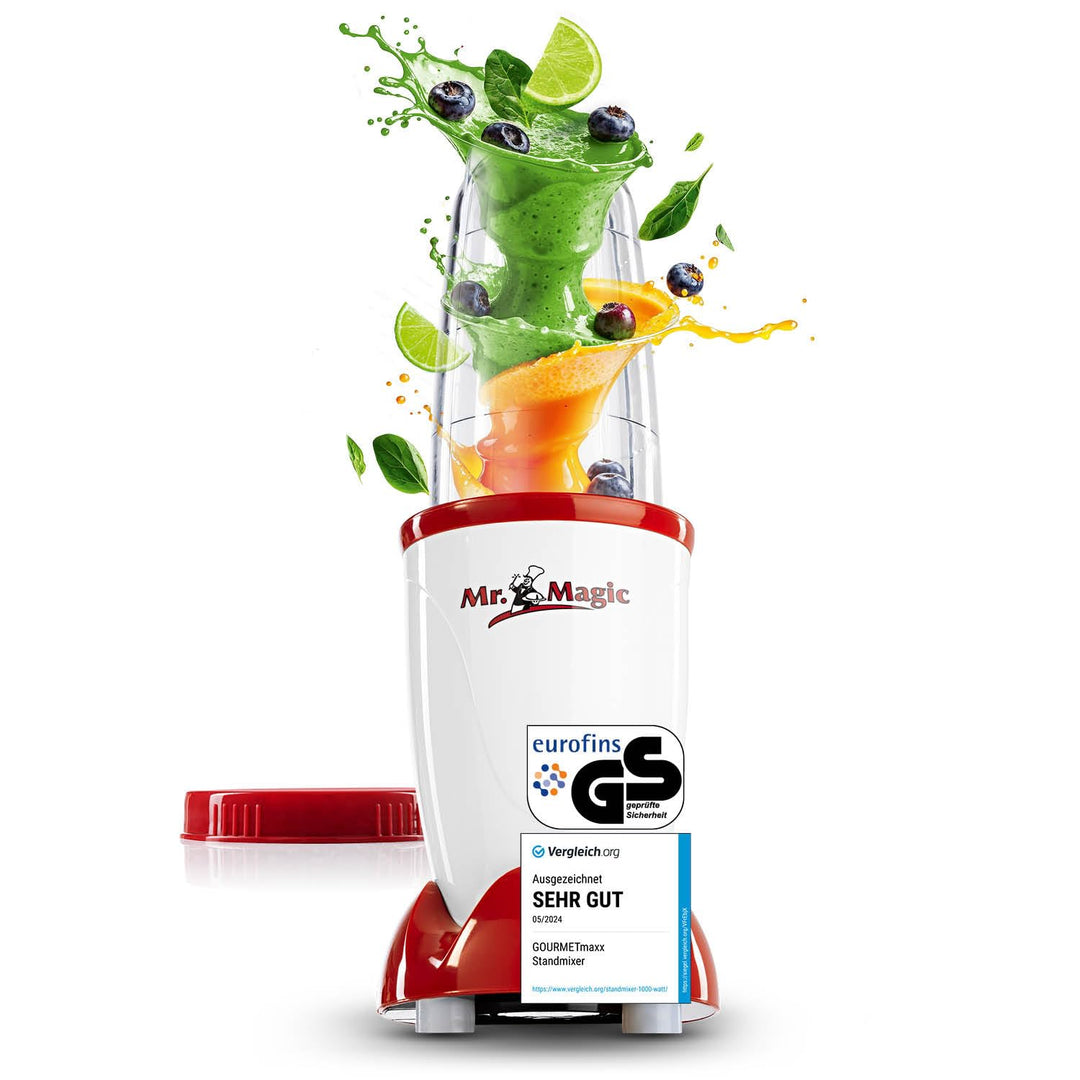 GOURMETmaxx Mr. Magic Mixer | Smoothie Maker - 4-tlg. | Standmixer mit Mixbecher & Frischhaltedeckel