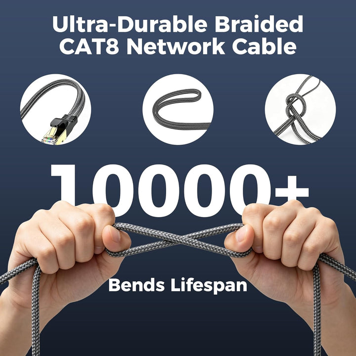 CAT8 Ethernet Kabel 50M, 40Gbps 2000MHz Flach Hochgeschwindigkeits Netzwerkkabel, Nylon Geflochten G