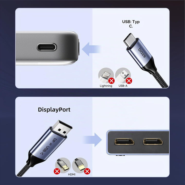USB C auf DisplayPort Kabel 1.2M, Bidirektional 8K@60Hz, 4K@240Hz, Thunderbolt 3/4/5, DP 1.4, Kompat