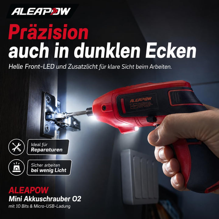 Mini Akku-Schrauber 3,6V, 200 U/Min, 5 Nm, 2000mAh, mit 9+1 Bits, LED-Licht, USB-Ladekabel – kompakt