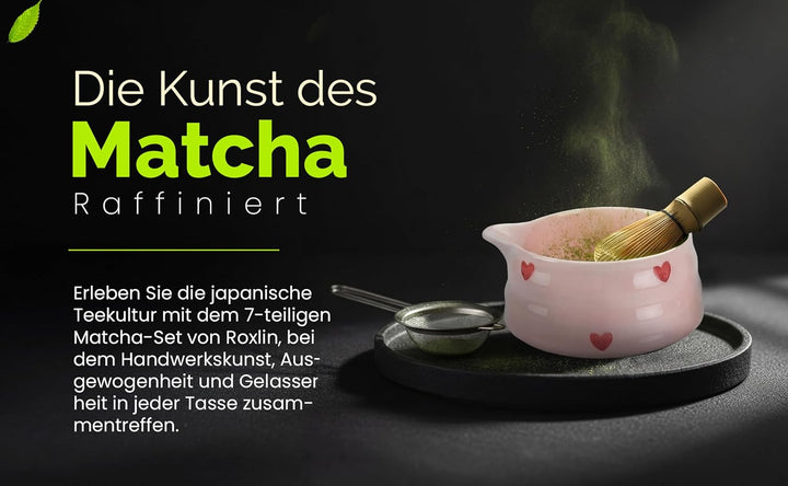 Matcha Set 7-teilig – Premium Tee Set mit Keramik Matcha Schale, Bambus Schneebesen (Chasen), Sieb &amp;