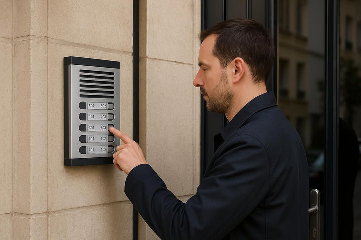Automatische Türsprechanlage mit Analogsystem 4+n, für Gemeinschaften, komplett: Strassenschild, Tel