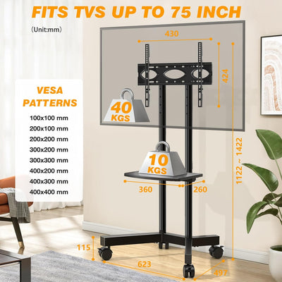 TVON Mobiler TV Ständer Rollbar Fernseherständer mit Rollen für 32-70 Zoll Fernseher, TV Bodenstände