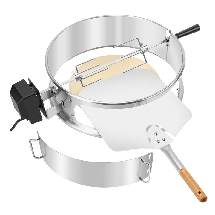 Onlyfire Edelstahl PizzaRing Kit mit Drehspiess, Komplettpaket Pizzaofen Umbausatz (incl. Pizzastein