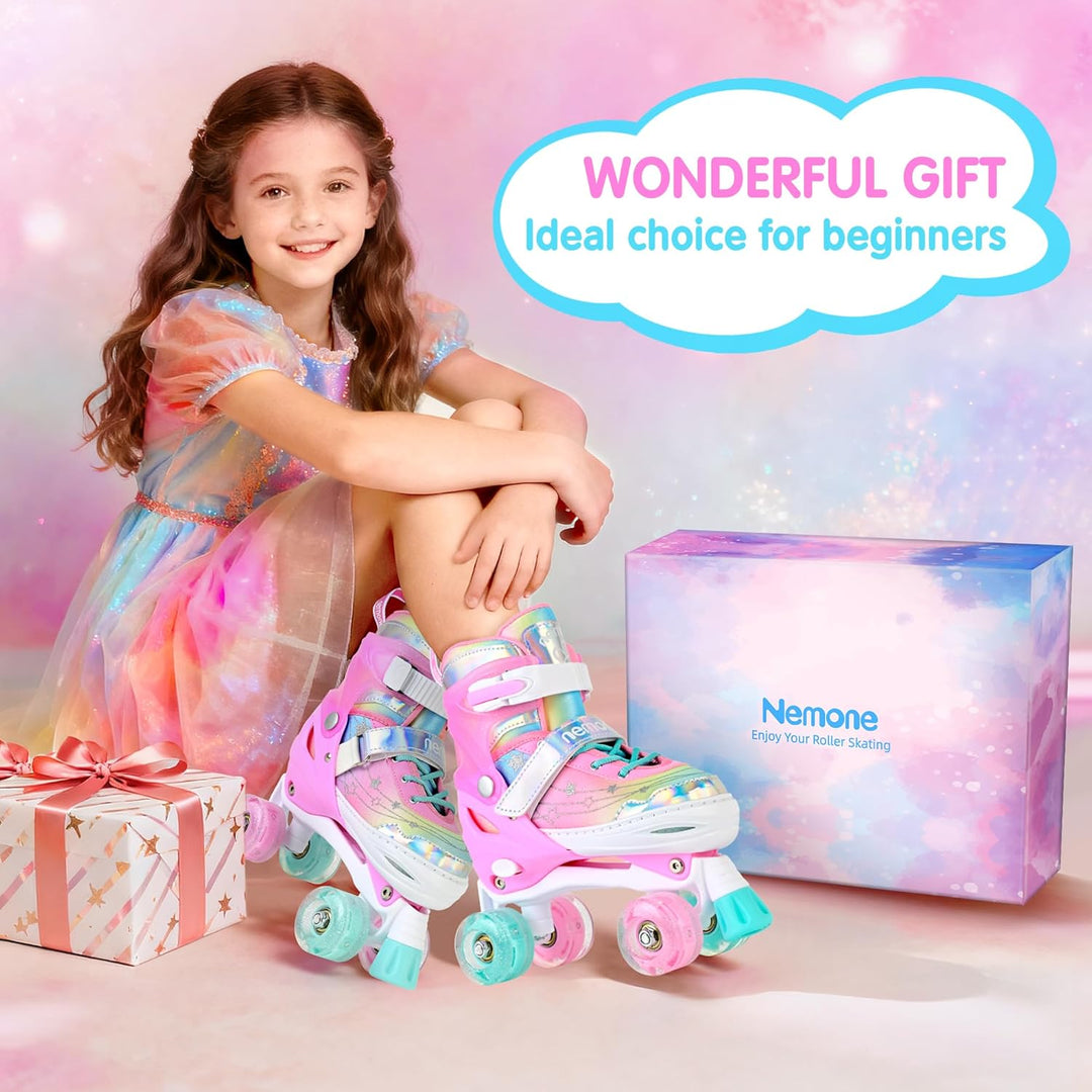 NEMONE Rollschuhe für Mädchen Kinder 4 Grössen Verstellbar Blau Violett Rollschuhe für Kinder Drinne