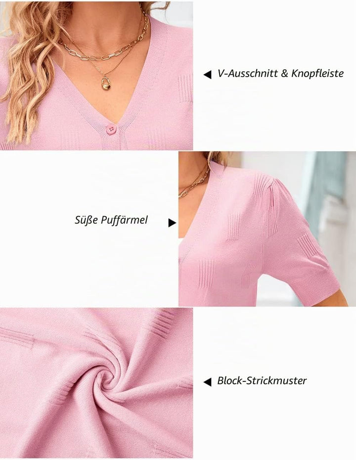 VOTEPRETTY Damen Strickjacke Sommer Kurzarm Cardigan V Ausschnitt Leichte Solid Top Elegant Bolero S