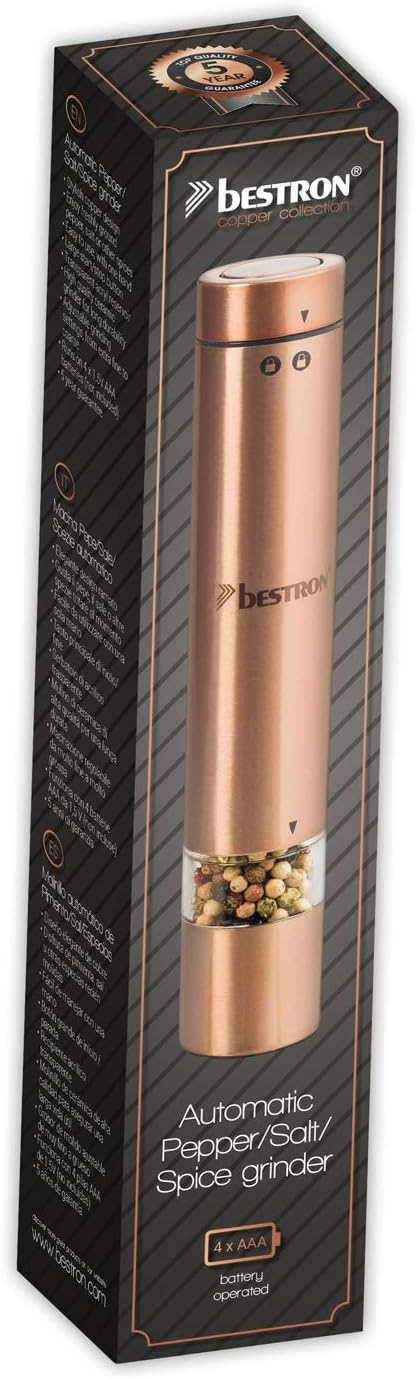 Bestron Elektrische Gewürzmühle für Salz und Pfeffer, Mit Keramik-Mahlwerk, Kupfer