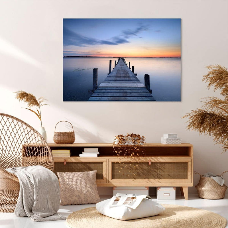 Bilder auf Leinwand 100x70cm Leinwandbild Sonnenuntergang See Wasser Brücke Gross Wanddeko Bild Schl