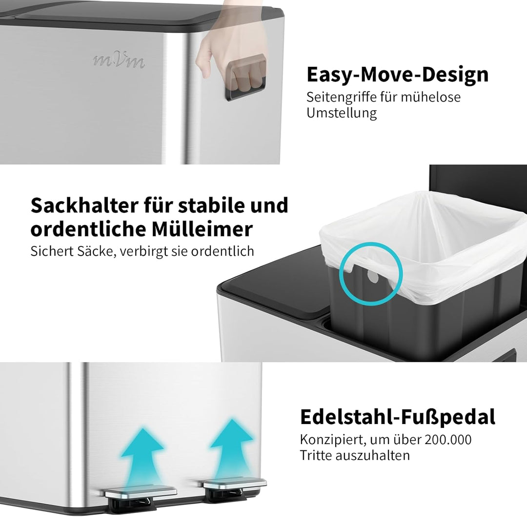 mVm Mülleimer Küche,40 Liter Treteimer,2x20L Doppelter Abfalleimer 2er-Mülleimer Mülltrennung mit In