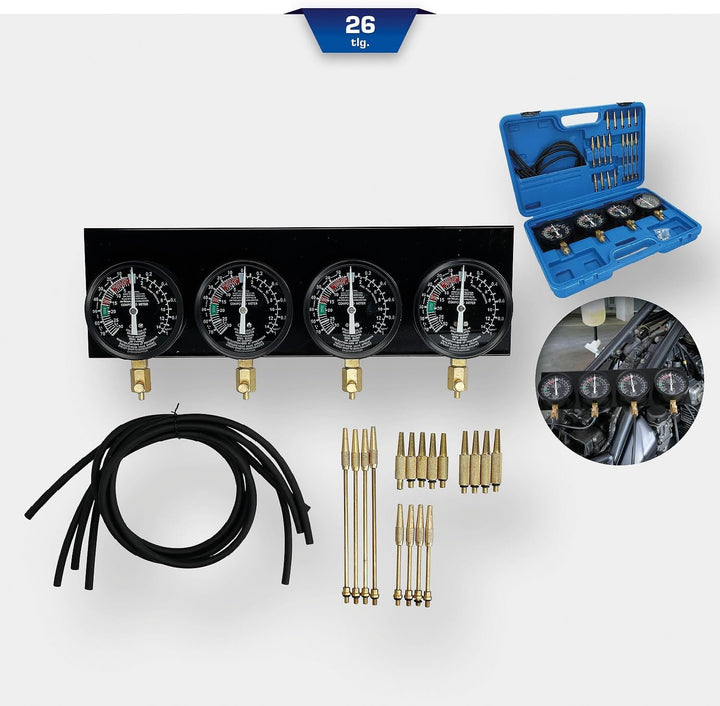 BRILLIANT TOOLS BT581200 Synchron-Vergaser-Testgerät | mit 4 Sync hronuhren | 26-tlg. [Powered by KS