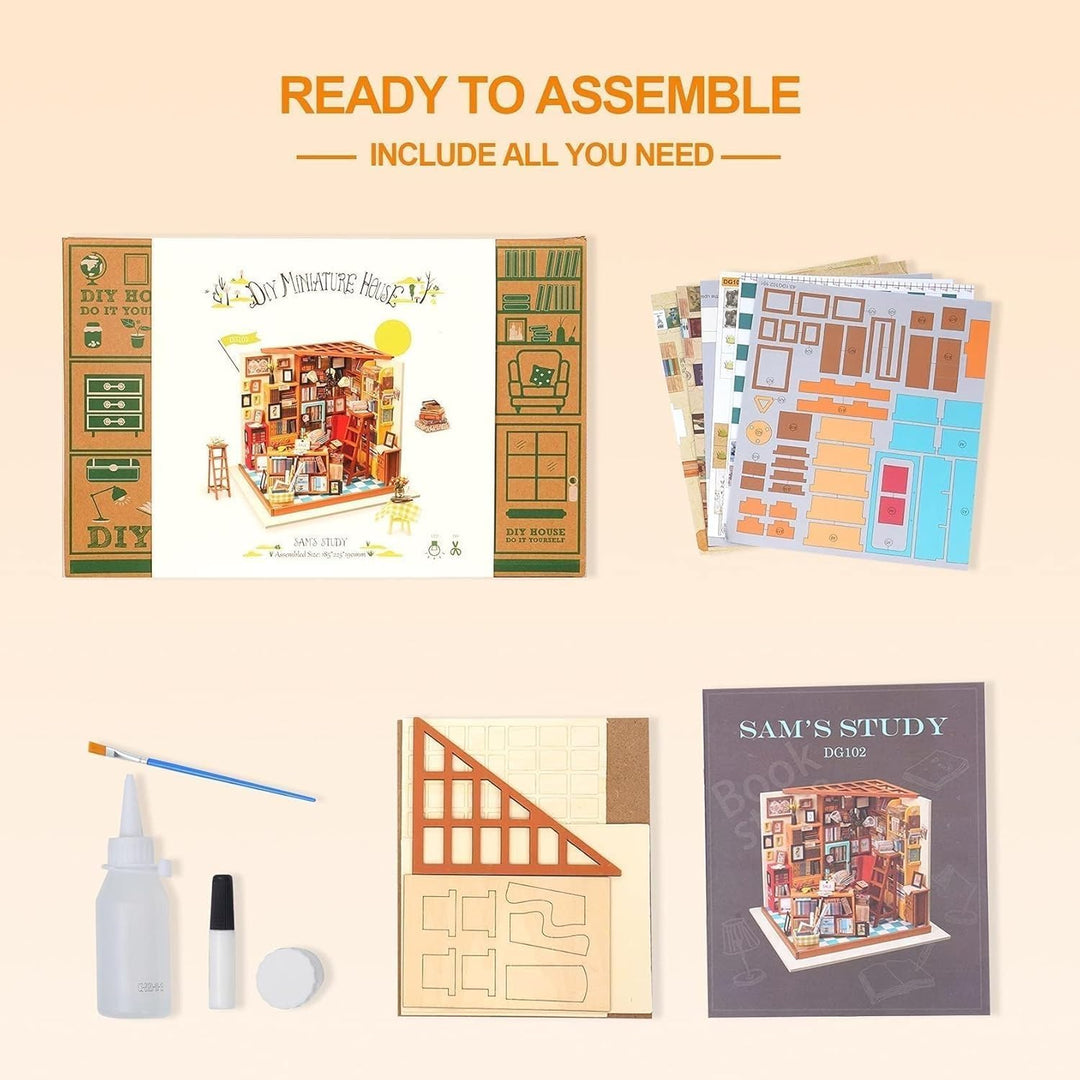 RoWood DIY Miniatur Haus Buchhandlung Puppenhaus mit Licht, DIY Mini Holz Haus Modell Set, Bastelset