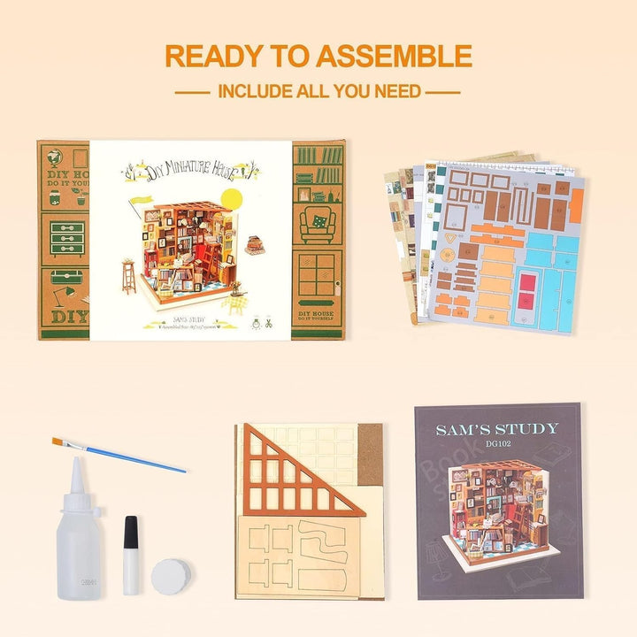 RoWood DIY Miniatur Haus Buchhandlung Puppenhaus mit Licht, DIY Mini Holz Haus Modell Set, Bastelset