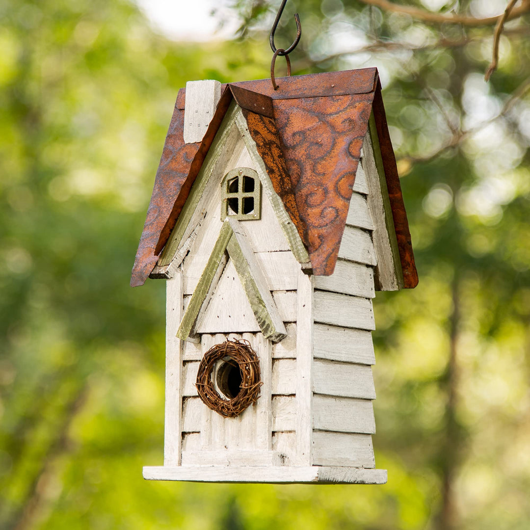 Glitzhome GH90086 Hängendes Vogelhaus aus Holz, abgenutzt, Weiss Weiss/opulenter Garten, Weiss/opule