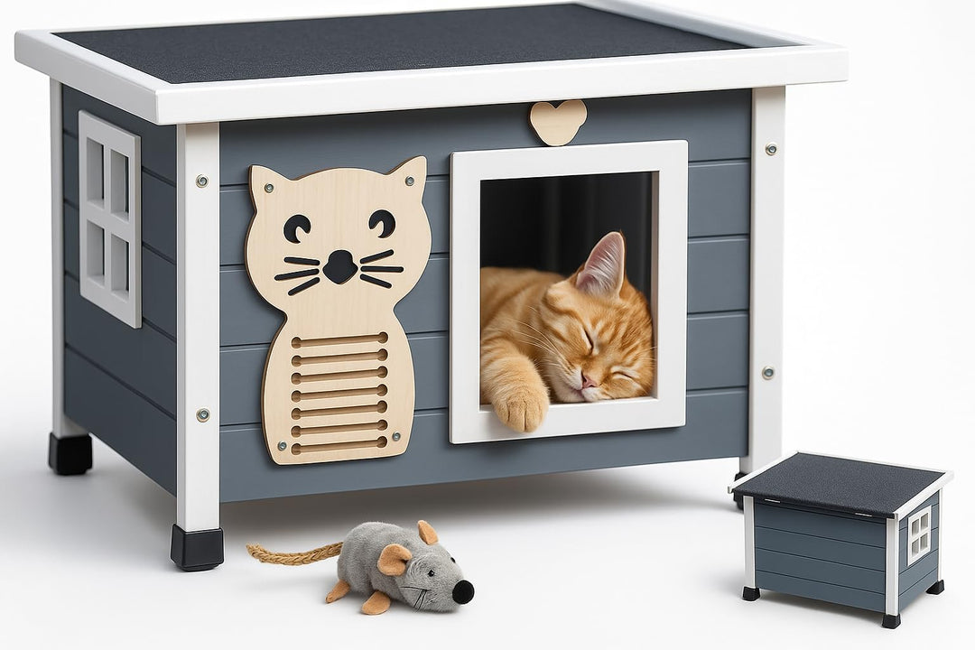zooprinz Premium Holz Katzenhaus – Katzenkiste mit Dach zum Öffnen, Fenster und Schwingtür – Sisalba
