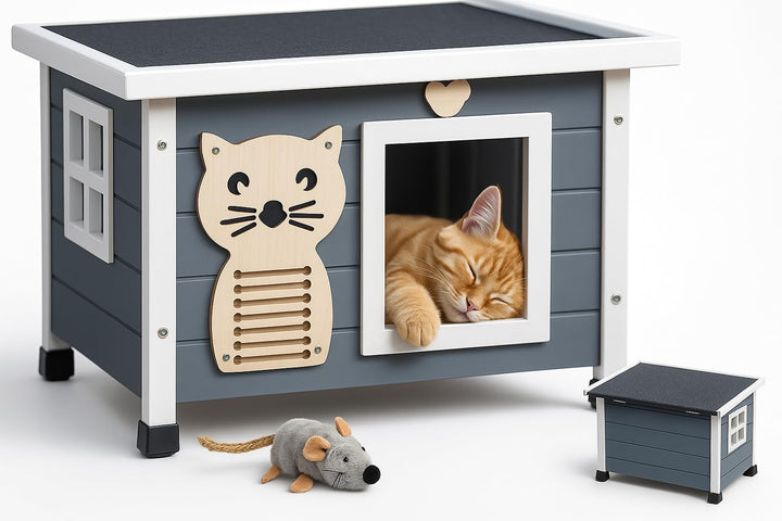 zooprinz Premium Holz Katzenhaus – Katzenkiste mit Dach zum Öffnen, Fenster und Schwingtür – Sisalba