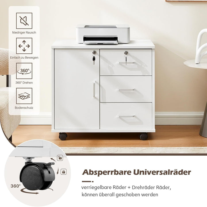 TUKAILAI Rollcontainer Aktenschrank aus Holz, Abschliessbar Büroschrank mit 3 Schubladen und Tür, Mo