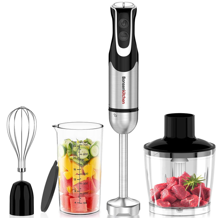Bonsenkitchen Stabmixer 4-in-1, 1000W Edelstahl mit 12 Stufen Turbo, Schneebesen 700ml Messbecher Le