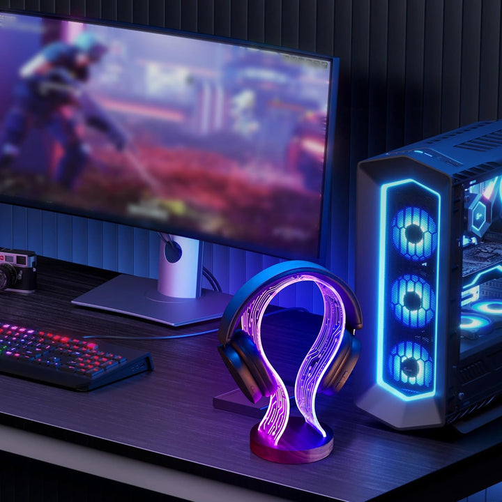 Ammonite Kopfhörerständer - Walnussholz Gaming Schreibtisch Accessoire mit LED-Leuchten, USB-Strom &