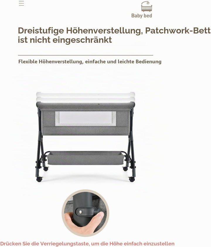 Magic ZC Beistellbett Baby mit Rollen, Convertible Faltbar Co-Sleeping Babybett, Ausgestattet mit ei