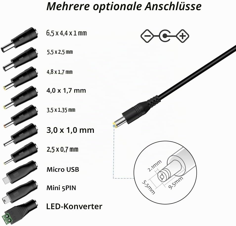 Zolt 45W Universal Netzteil AC zu DC 5V 6V 7.5V 9V 12V 13.5V 15V 3A Schaltnetzteil mit 10 DC-Stecker
