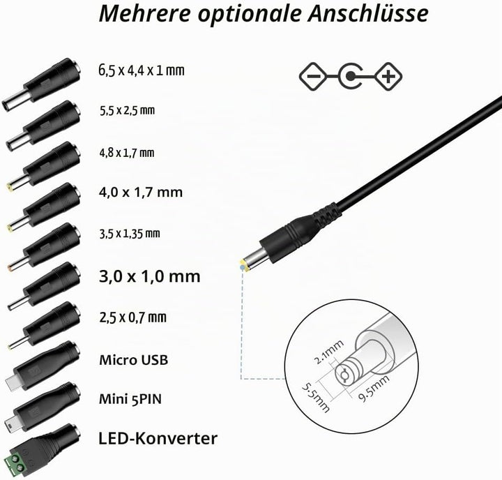 Zolt 45W Universal Netzteil AC zu DC 5V 6V 7.5V 9V 12V 13.5V 15V 3A Schaltnetzteil mit 10 DC-Stecker