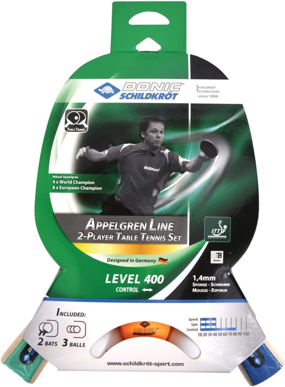 Donic-Schildkröt Tischtennis-Set Level 400 für 2 Spieler (2 Schläger 1,4mm Schwamm, 3 Bälle, in Neue