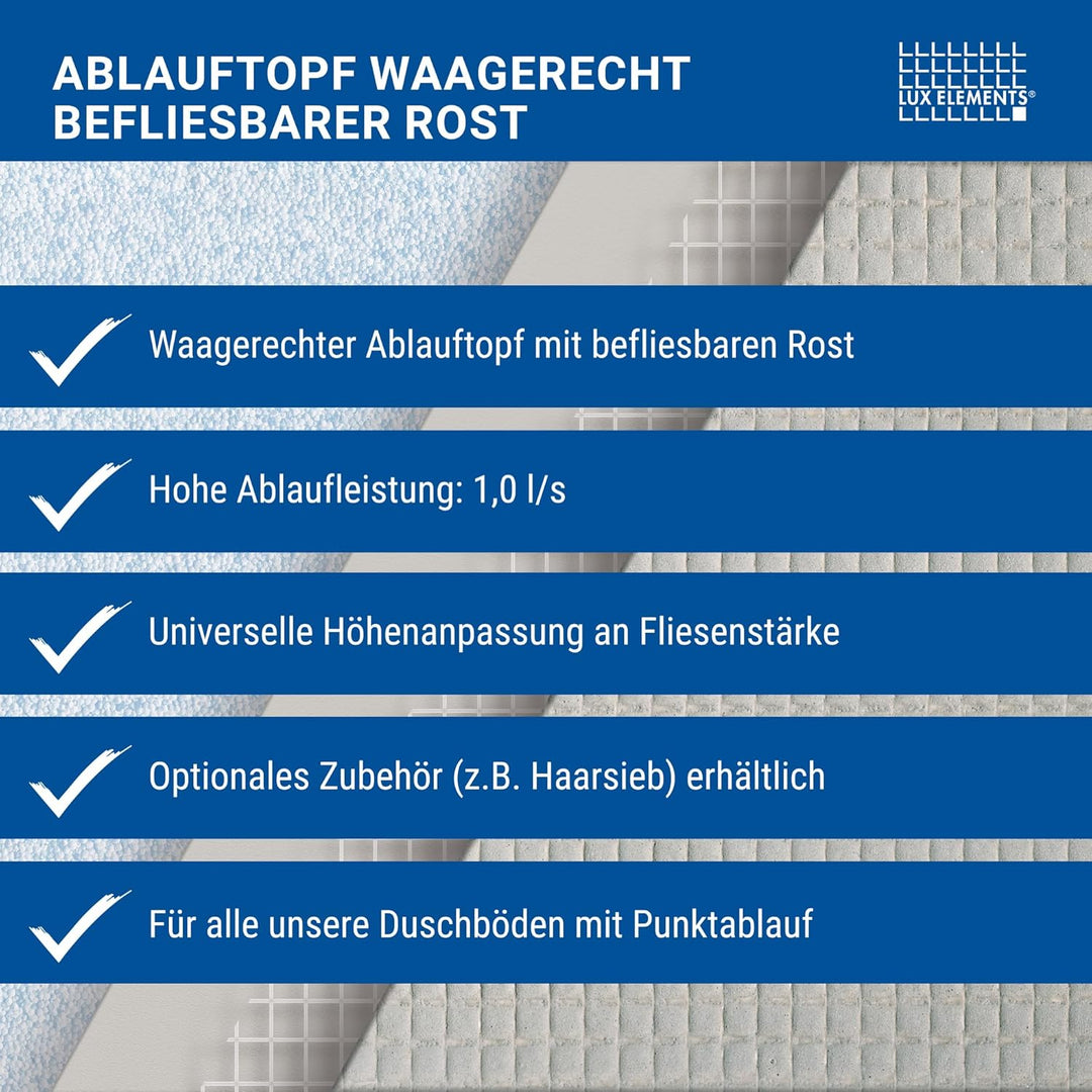 LUX ELEMENTS Waagerechter Ablauftopf TUB-BAW-DV I Ablauftopf mit befliesbarem Rost aus Edelstahl ink