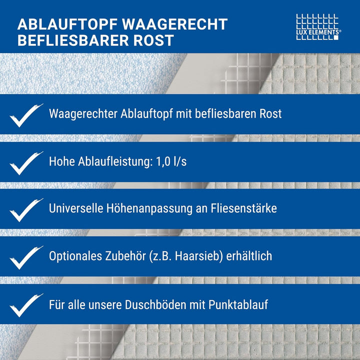 LUX ELEMENTS Waagerechter Ablauftopf TUB-BAW-DV I Ablauftopf mit befliesbarem Rost aus Edelstahl ink