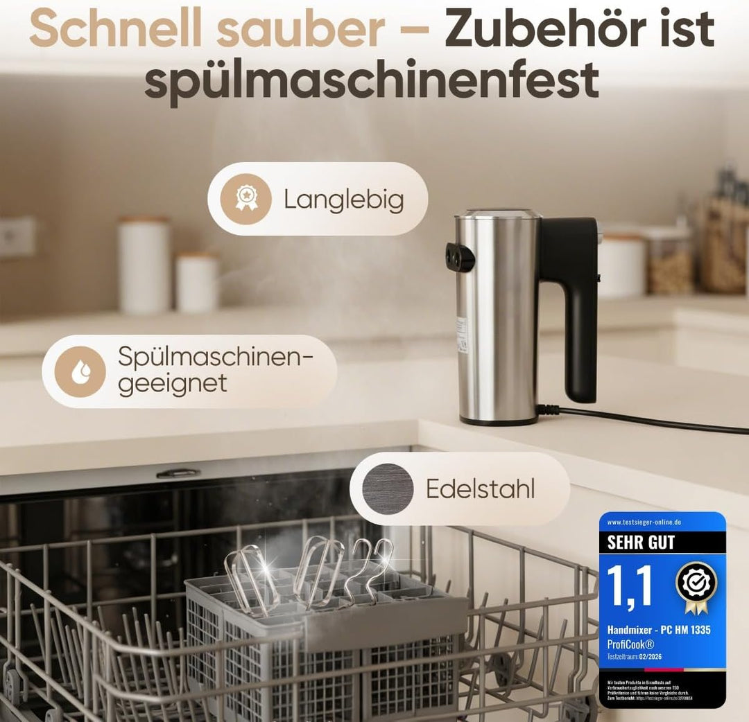 ProfiCook® Handmixer | 5 Stufen | sanfter Start | spülmaschinengeeignetes Zubehör | Turbo | 400W | M