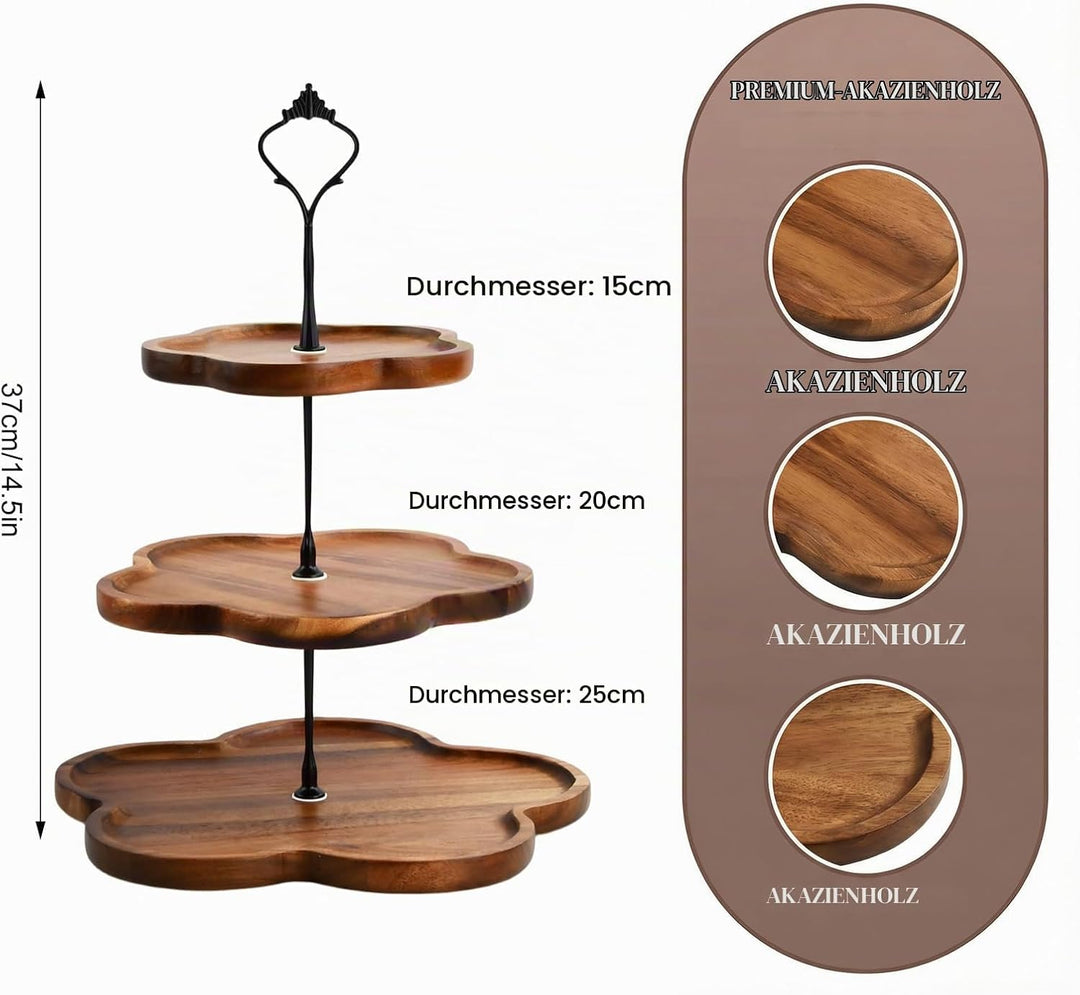Etagere 3 Etagen Holz, Tortenständer 3 Stöckig, Cupcake Ständer mit Metallgriff, Kuchenständer, Serv