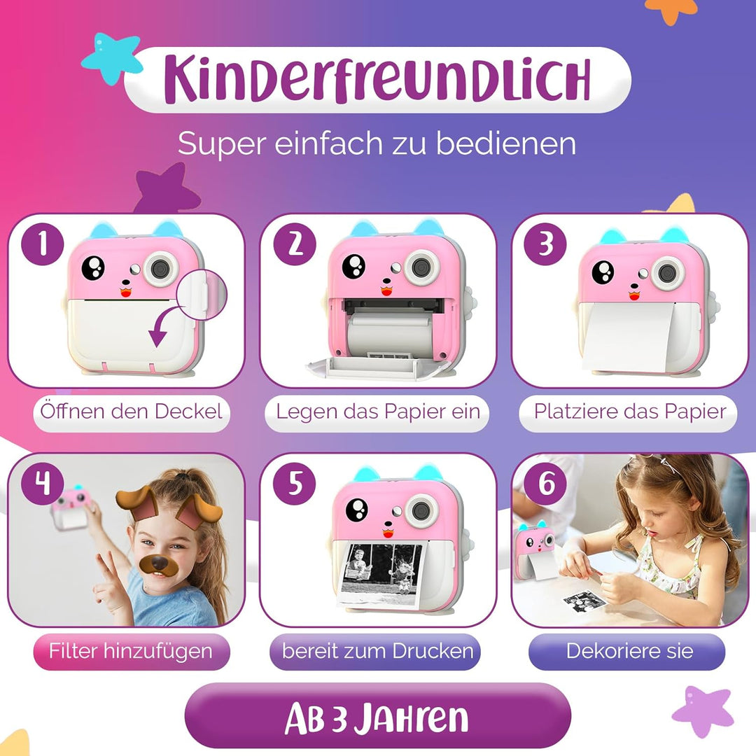 Sofortbildkamera Kinder – 1080P HD, 48 MP, 32-Gb-Karte, Bluetooth, Kostenlose App, 4 Rollen Druckpap