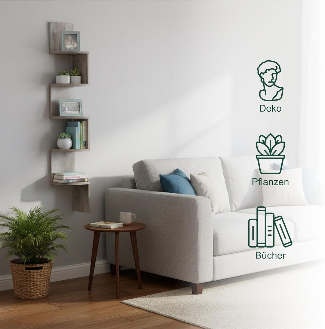Relaxdays Eckregal, HxBxT: 125 x 20 x 20 cm, 5 Etagen, MDF, Zickzack-Design, Wandregal, Bücherregal