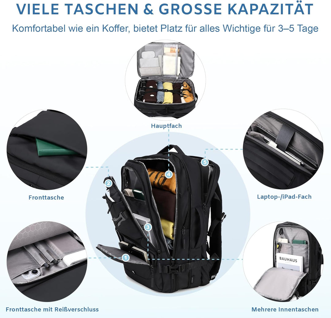 BAGOK Handgepäck Rucksack, Wasserdichter Multifunktionaler Rucksack Handgepäck Flugzeug mit Laptopfa