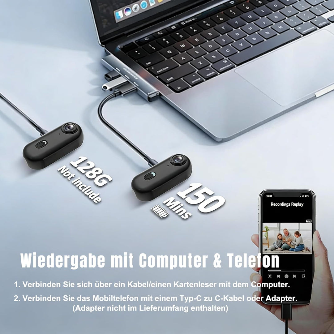 Action Cam 4K Mini Bodycam WLAN Magnetische Mini Körperkamera Ultra HD, POV Kopfkamera mit App, 360°