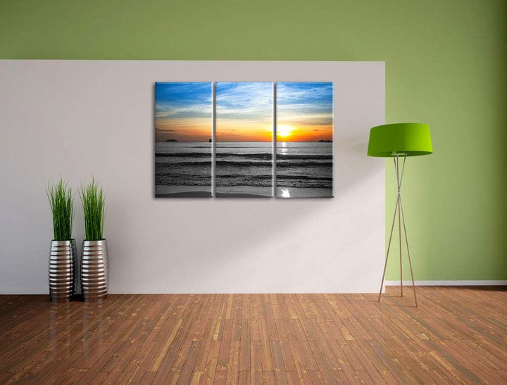 Malibu Beach Sunrise Water Sand schwarz/weiss 3-Teiler Leinwandbild 120x80 Bild auf Leinwand, XXL ri