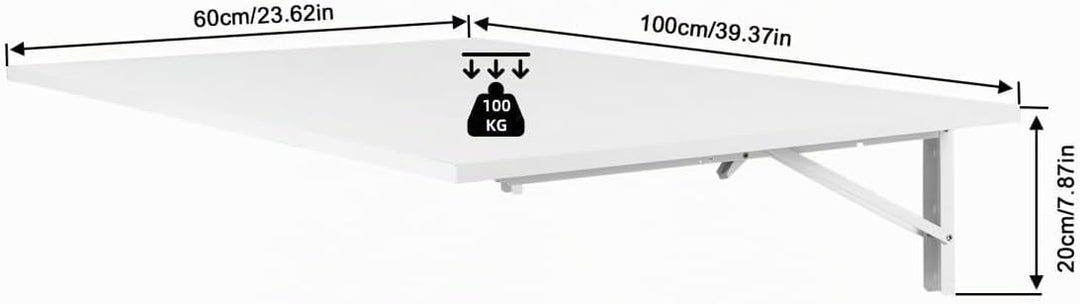 Wandklapptisch 100x60 cm,Weiss,Platzsparender Klapptisch Wandmontage,Schreibtisch Werkbank Klappbar