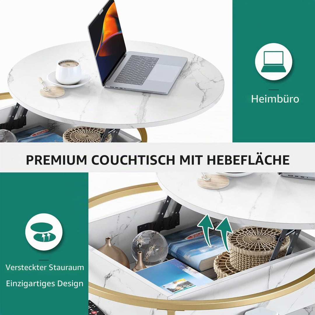 YITAHOME Couchtisch Rund mit Hebeplatte, Wohnzimmertisch mit verstecktem Ablagefach, Beistelltisch R