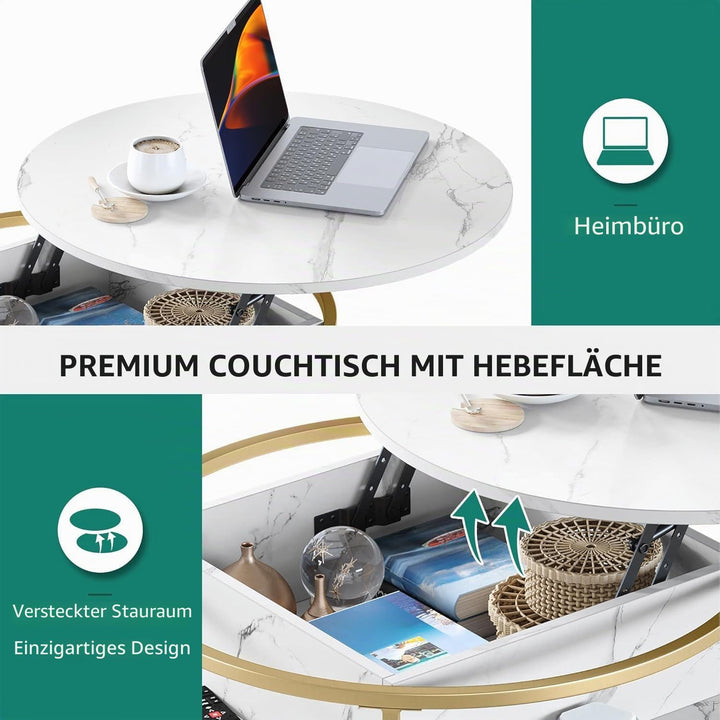 YITAHOME Couchtisch Rund mit Hebeplatte, Wohnzimmertisch mit verstecktem Ablagefach, Beistelltisch R