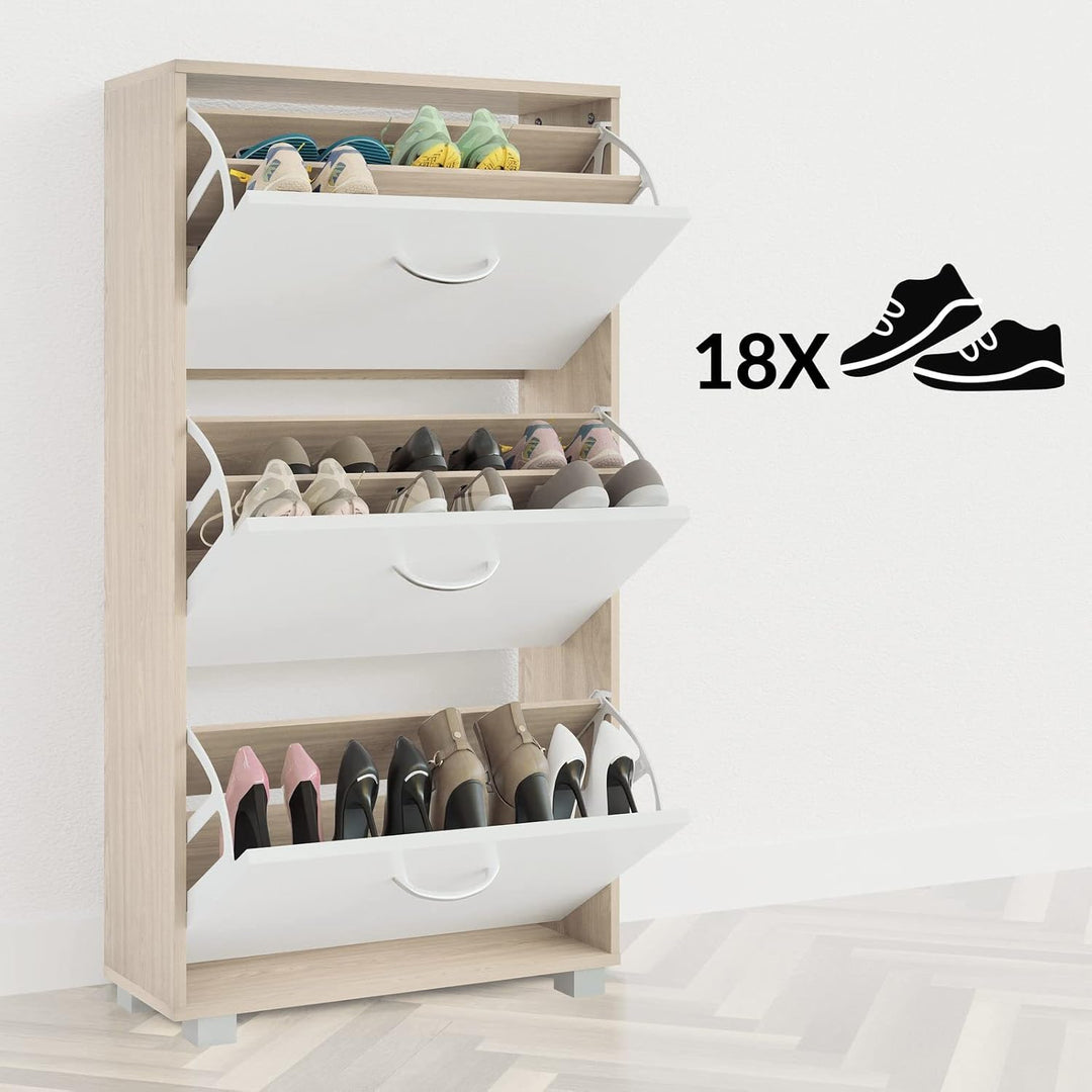 Casaria® Schuhschrank für 18 Paar Schuhe Schmal 115x60x25cm 3 Klappen Hoch Holz Geschlossen Kippsich