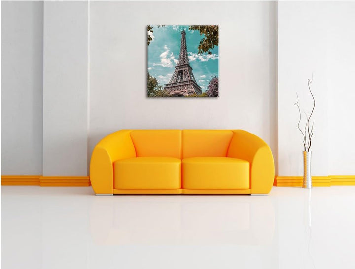 Eifelturm Paris, Format: 70x70 auf Leinwand, XXL riesige Bilder fertig gerahmt mit Keilrahmen, Kunst